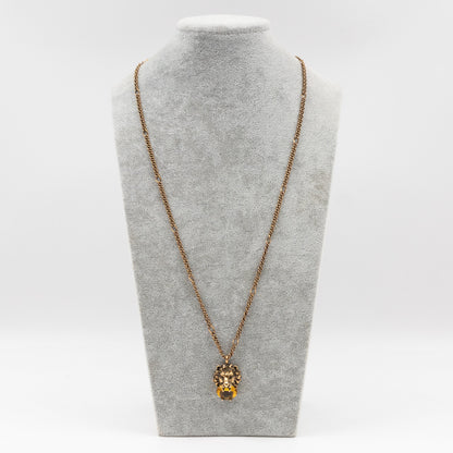 Lion Head Crystal Necklace Aged Gold