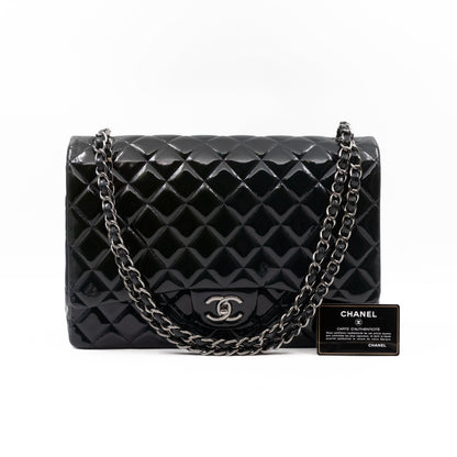 Classic Double Flap Maxi Navy Blue Patent Leather Silver