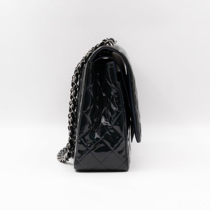 Classic Double Flap Maxi Navy Blue Patent Leather Silver