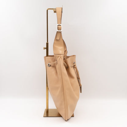 Vintage Drawstring Hobo Bag Beige Leather