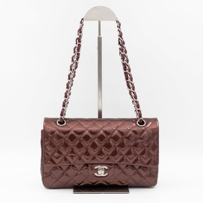 Classic Double Flap Medium Burgundy Metallic Striped Patent Leather