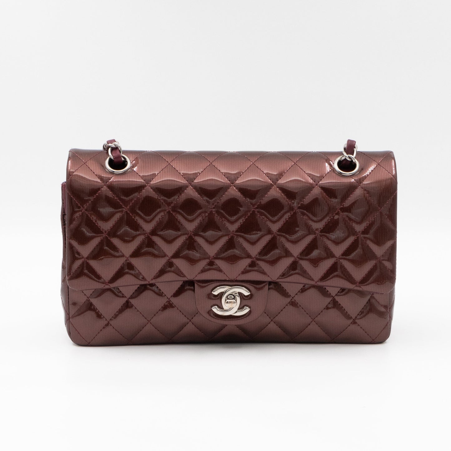 Classic Double Flap Medium Burgundy Metallic Striped Patent Leather