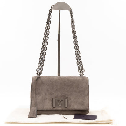Chain Flap Shoulder Bag Grey Suede