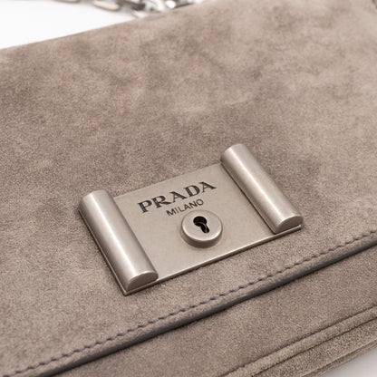 Chain Flap Shoulder Bag Grey Suede