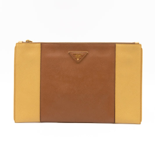 Zip Clutch Yellow and Brown Saffiano Leather