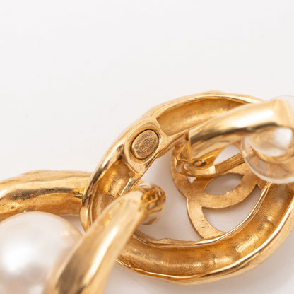 CC Logo & Pearl Dangle Clip Earrings Gold