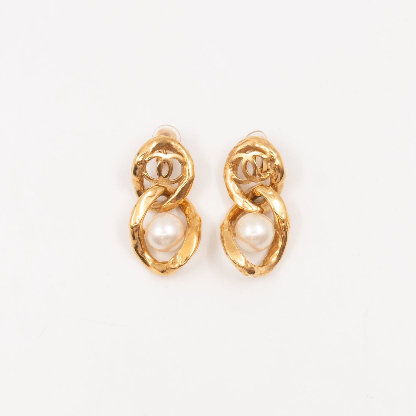 CC Logo & Pearl Dangle Clip Earrings Gold