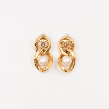 CC Logo & Pearl Dangle Clip Earrings Gold