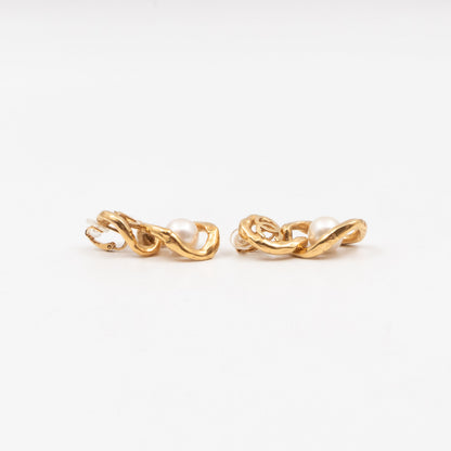 CC Logo & Pearl Dangle Clip Earrings Gold