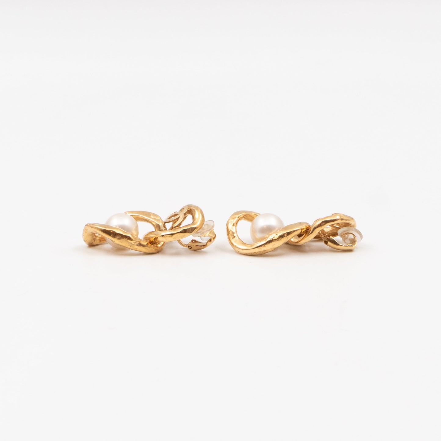 CC Logo & Pearl Dangle Clip Earrings Gold