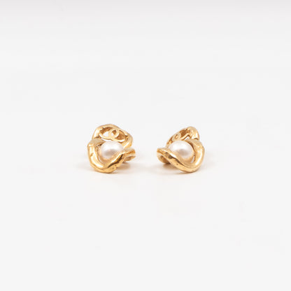 CC Logo & Pearl Dangle Clip Earrings Gold