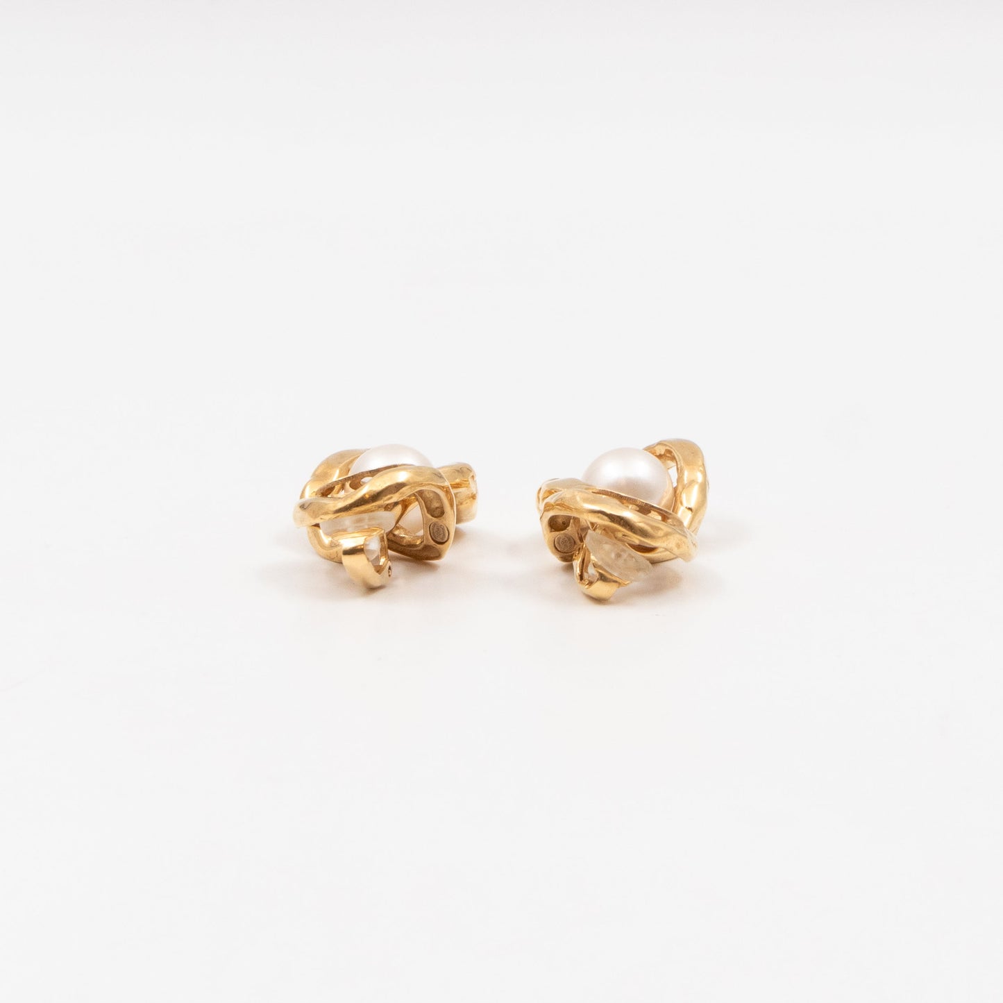 CC Logo & Pearl Dangle Clip Earrings Gold