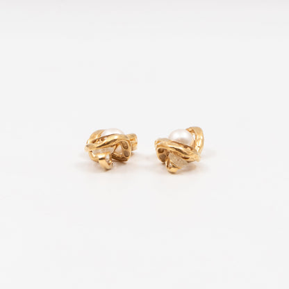 CC Logo & Pearl Dangle Clip Earrings Gold