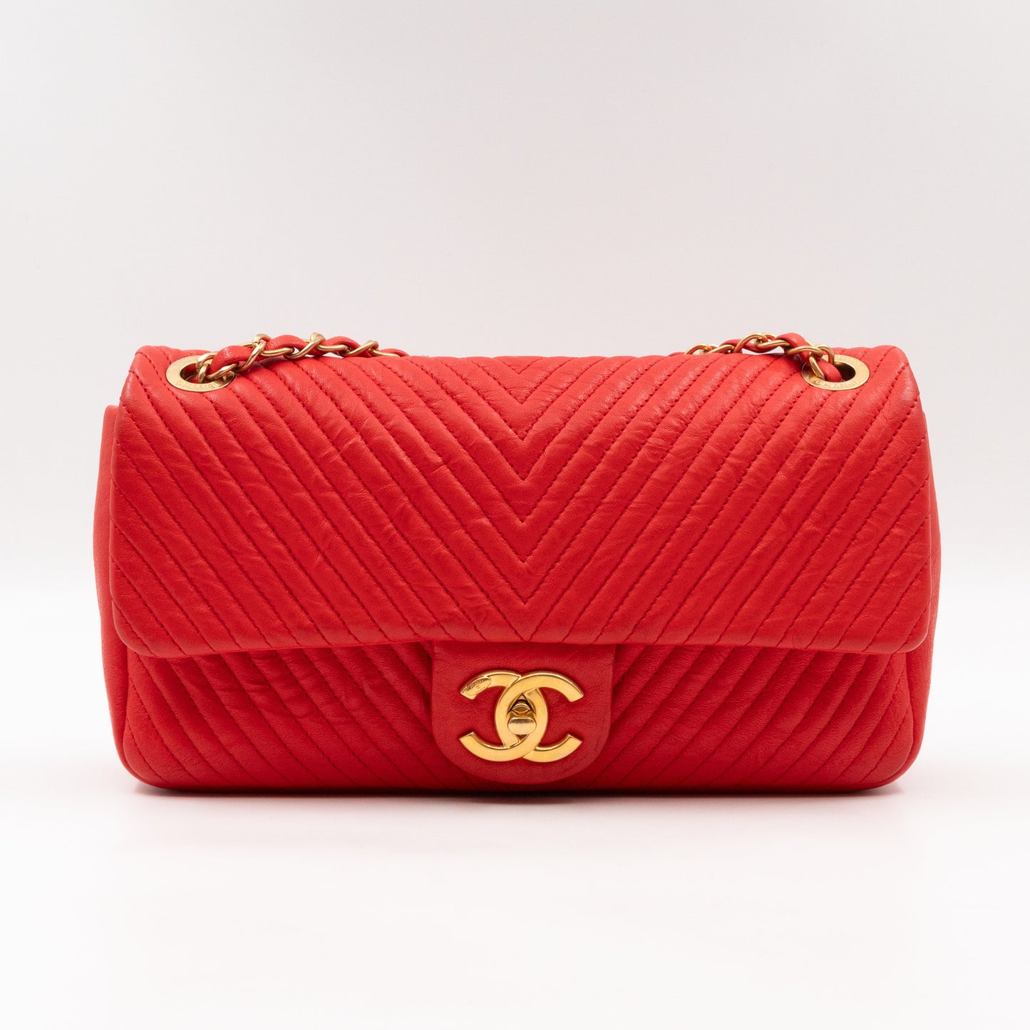 Medallion Charm Flap Bag Medium Red Chevron Calfskin Leather