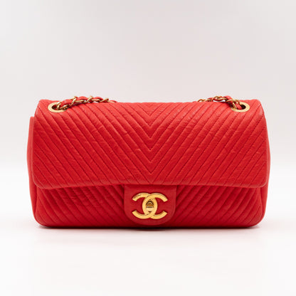 Medallion Charm Flap Bag Medium Red Chevron Calfskin Leather