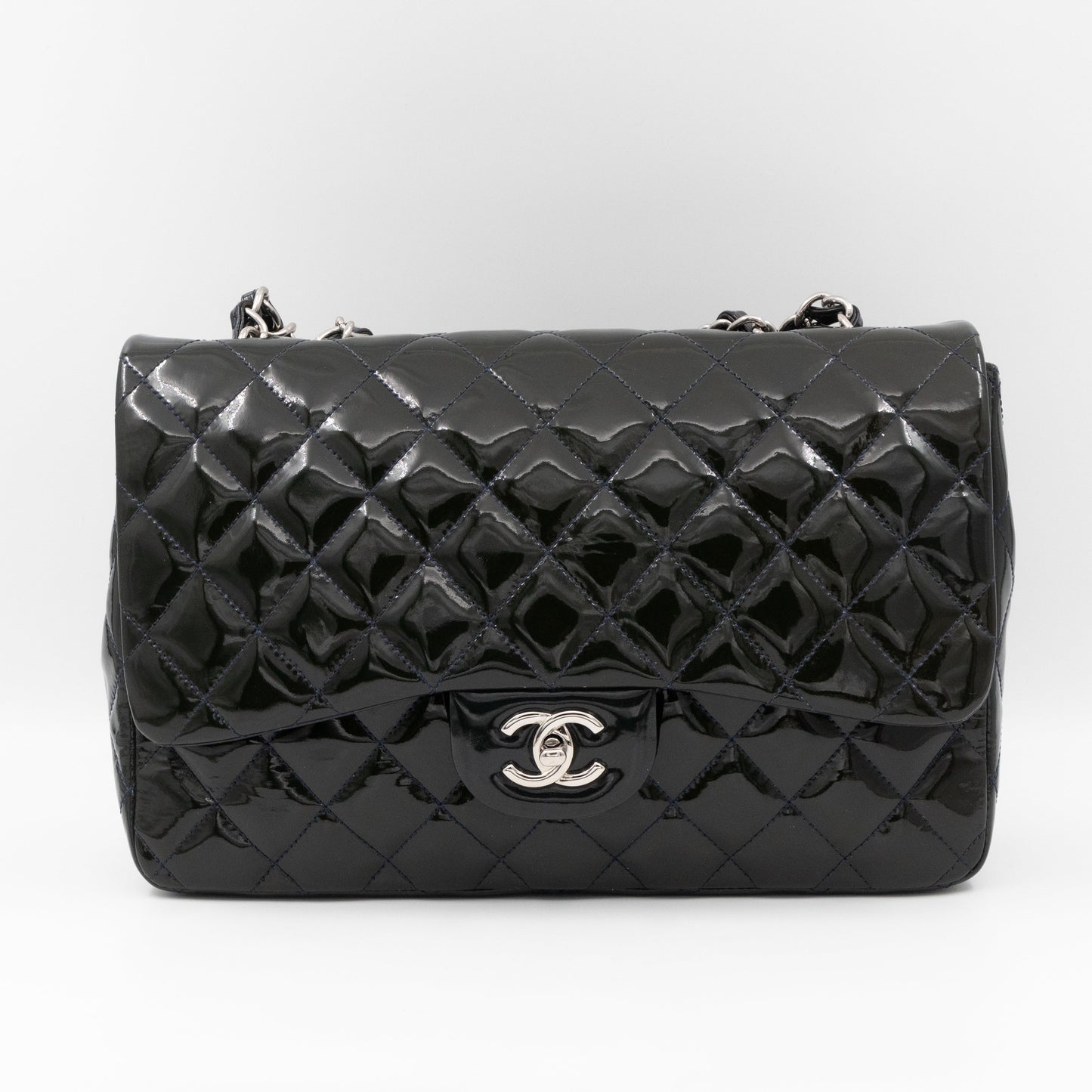 Classic Single Flap Jumbo Navy Blue Patent Leather