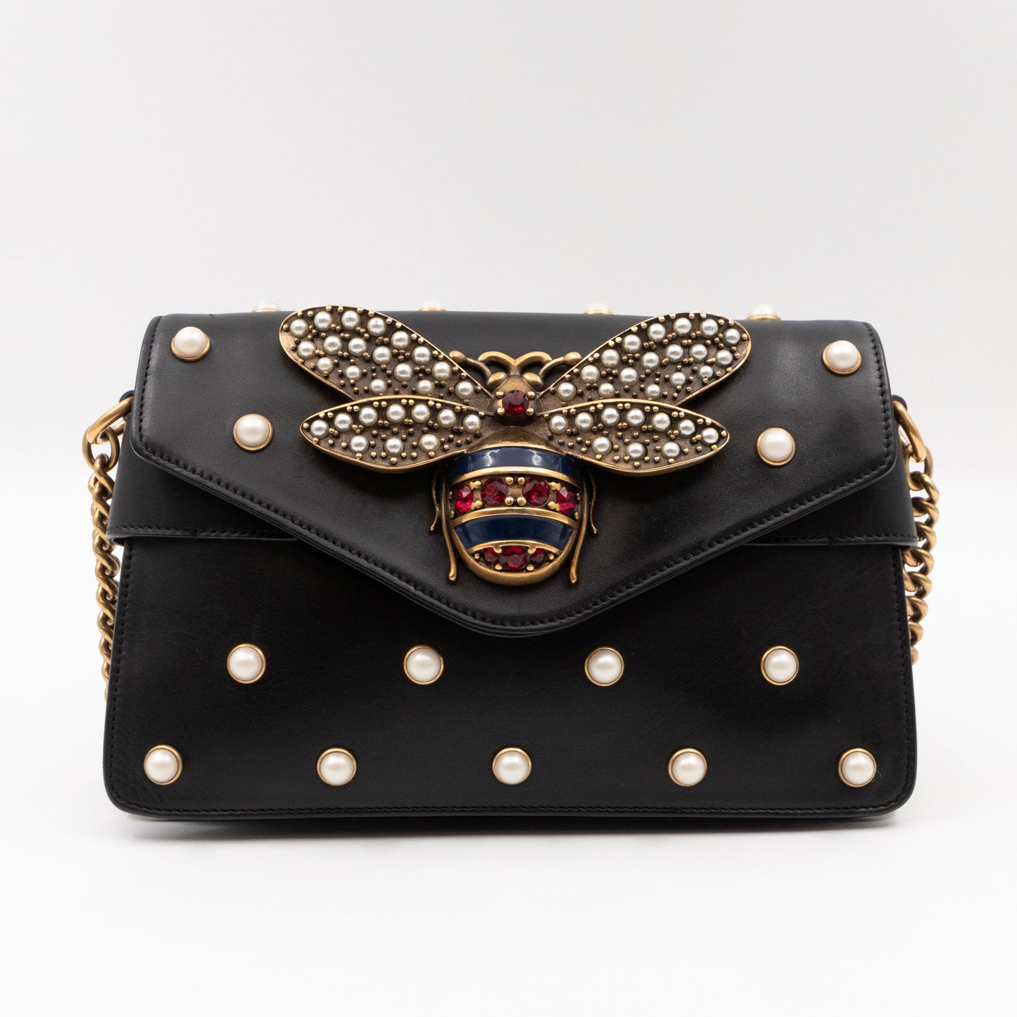 Broadway Pearl Studded Mini Queen Margaret Bee Bag Black Nappa Leather