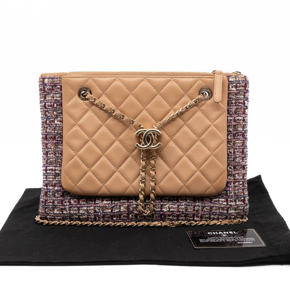 Chanel Matelasse Double Pouch With Strap Beige Leather & Tweed