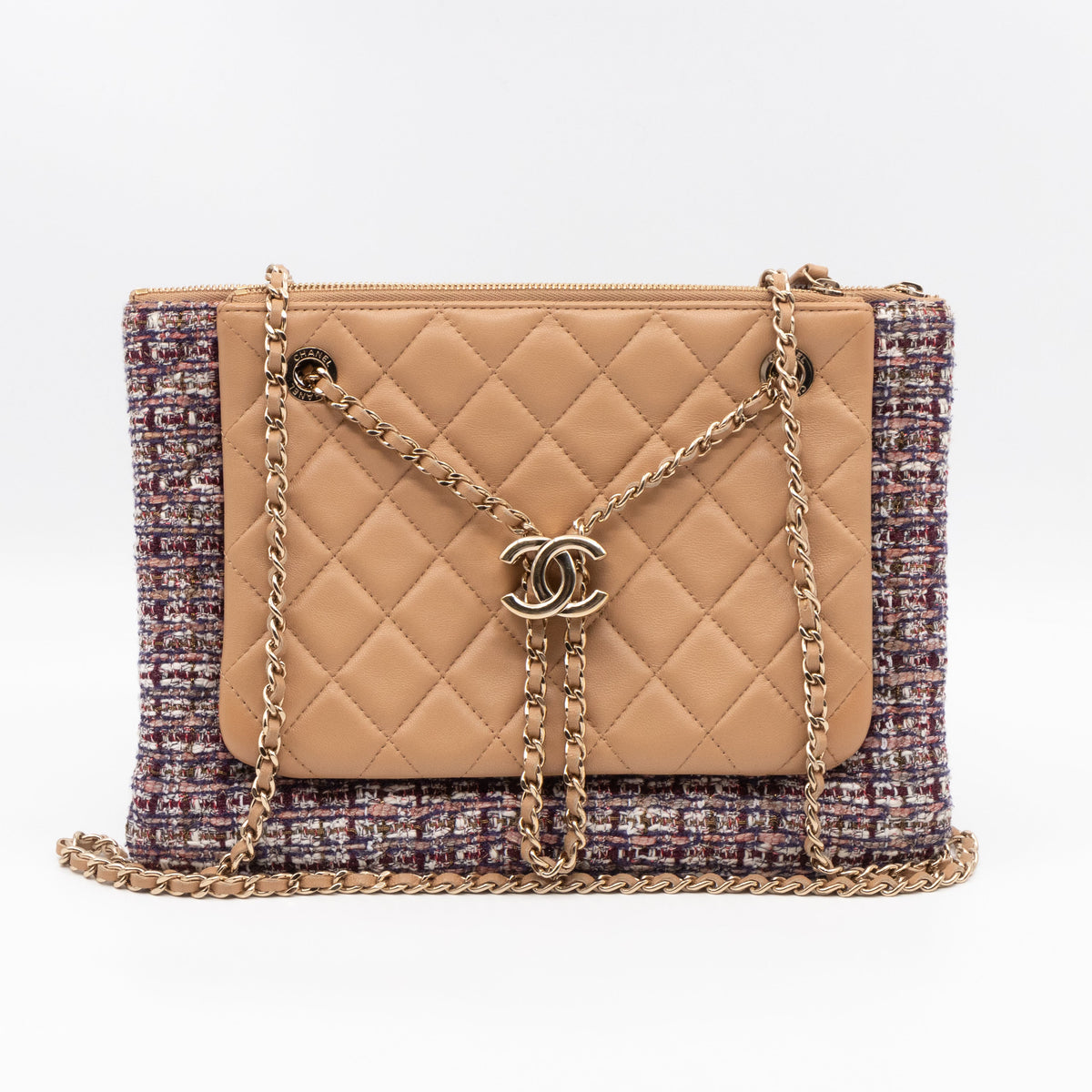 Chanel Matelasse Double Pouch With Strap Beige Leather & Tweed