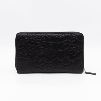 Camellia Embossed Zip Around Organizer Wallet Black Lambskin