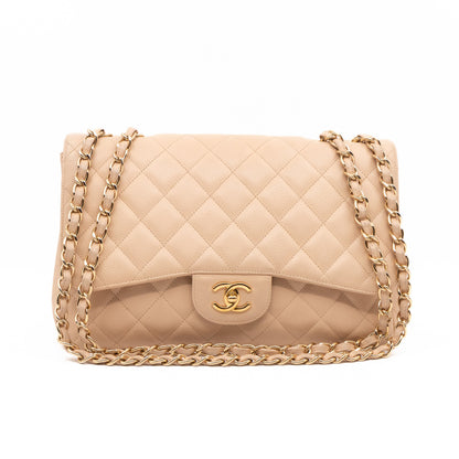Classic Single Flap Jumbo Beige Caviarskin Leather Gold