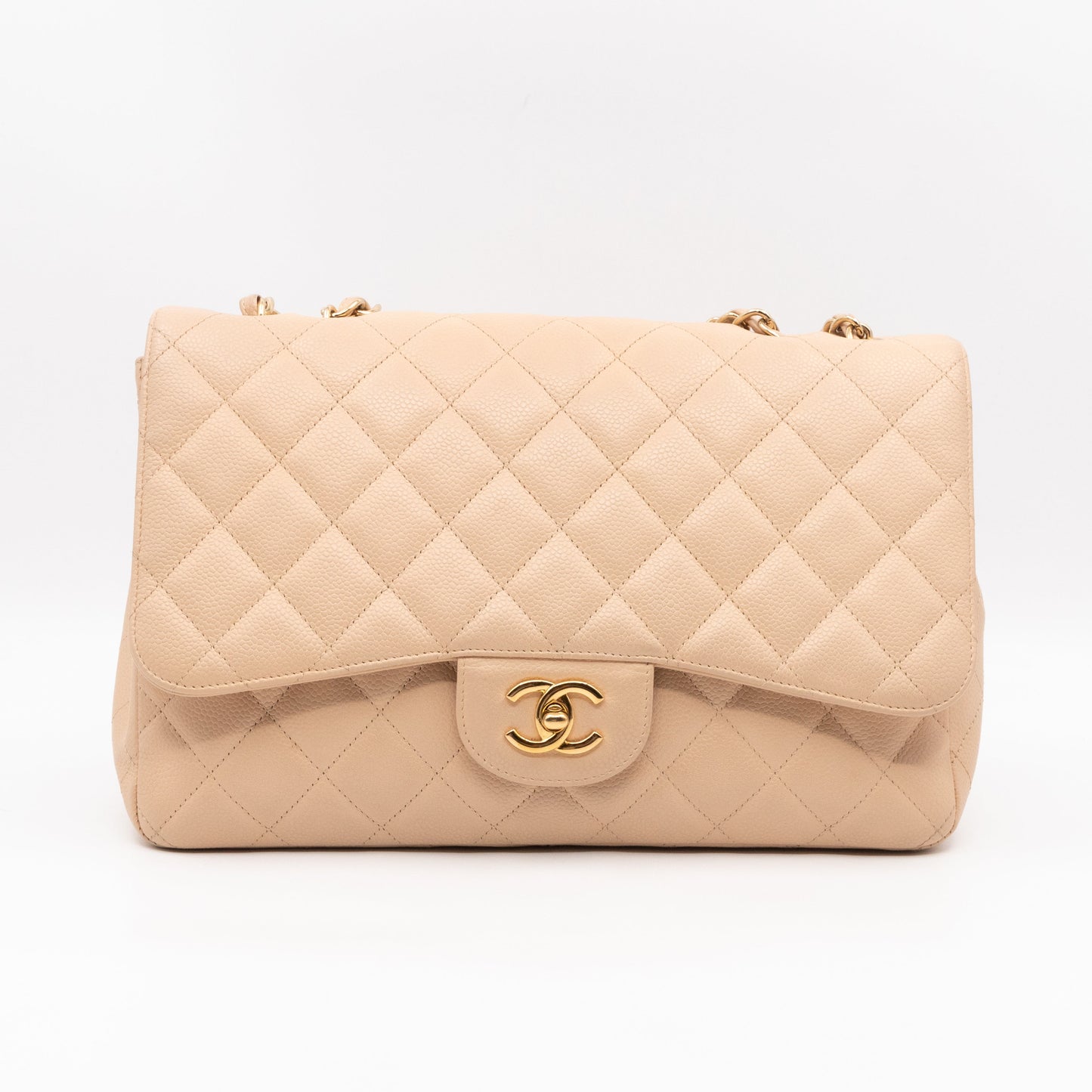 Classic Single Flap Jumbo Beige Caviarskin Leather Gold