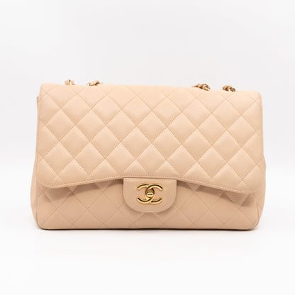 Classic Single Flap Jumbo Beige Caviarskin Leather Gold