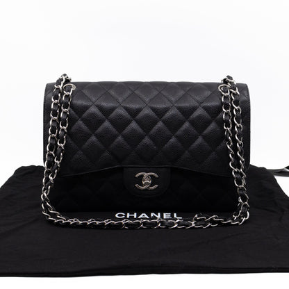 Chanel Classic Double Flap Jumbo Black Caviarskin Leather Silver