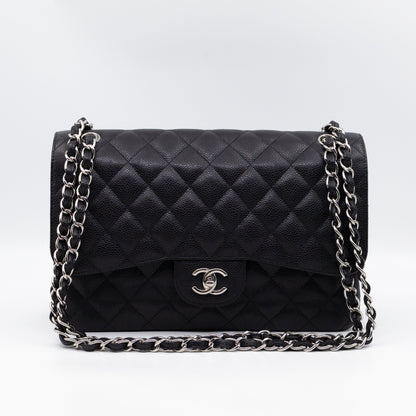 Chanel Classic Double Flap Jumbo Black Caviarskin Leather Silver