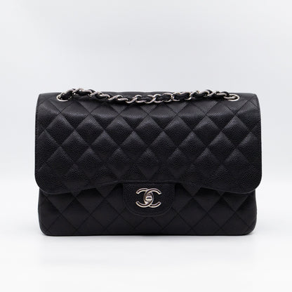 Chanel Classic Double Flap Jumbo Black Caviarskin Leather Silver