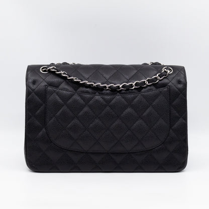 Chanel Classic Double Flap Jumbo Black Caviarskin Leather Silver