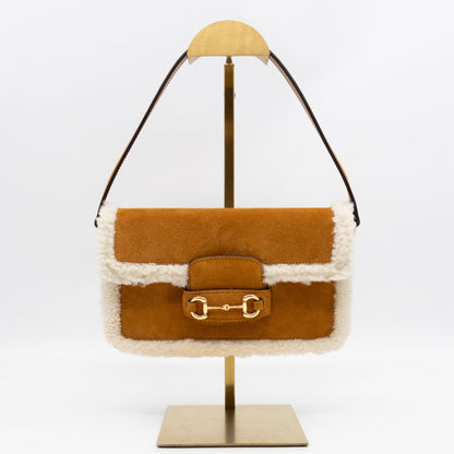 Horsebit 1955 Mini Shoulder Bag Camel Suede Leather Shearling