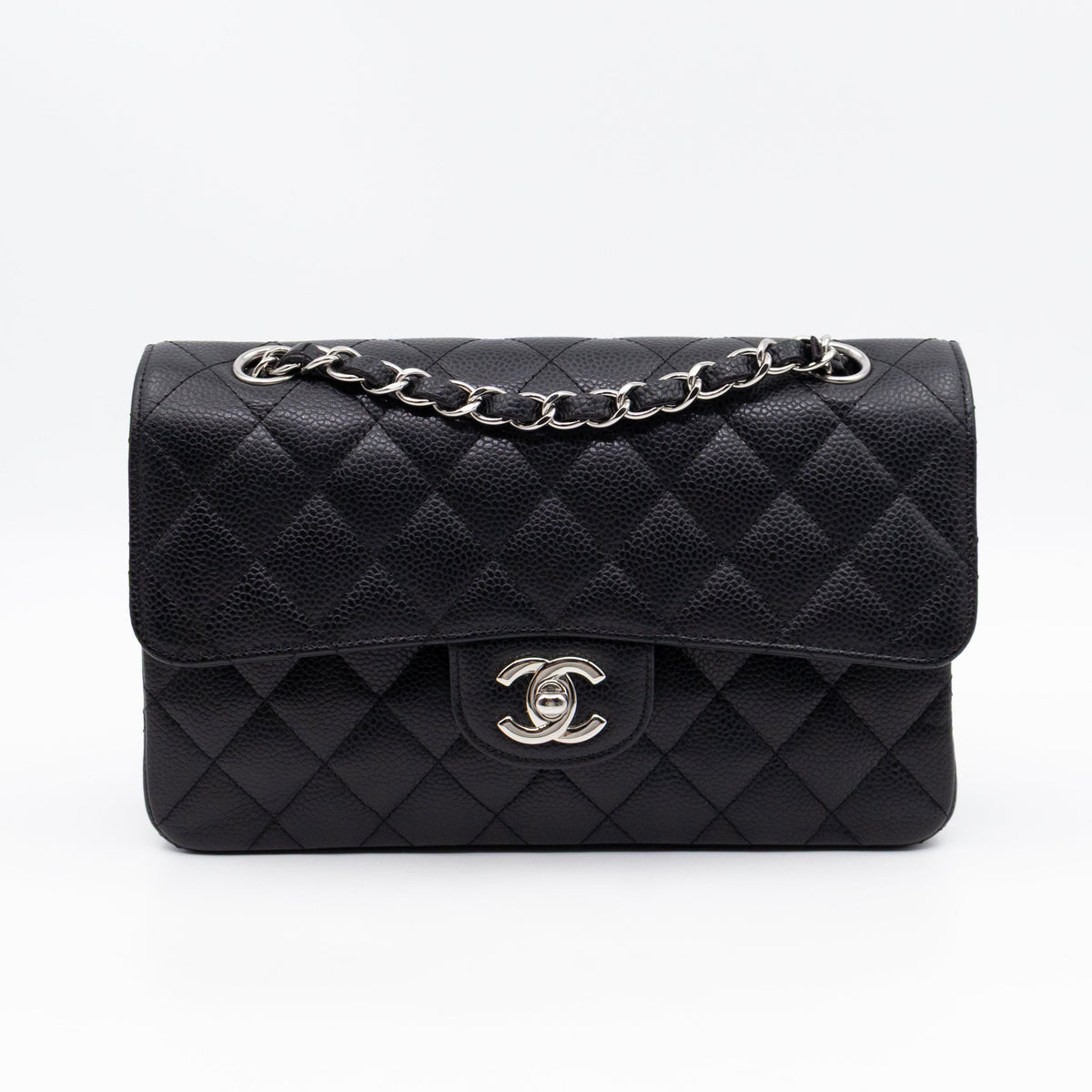 Classic Double Flap Small Black Caviarskin Silver