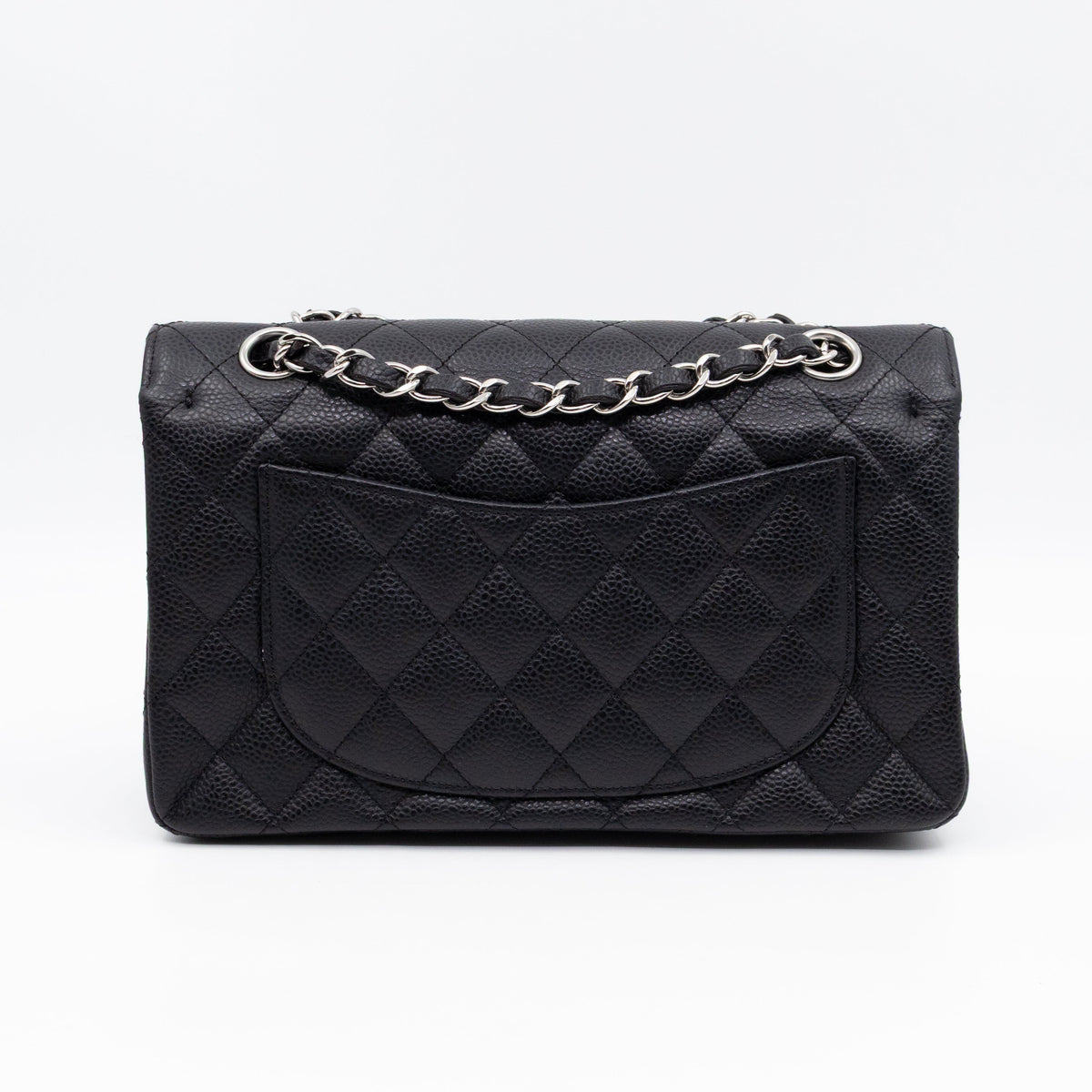 Classic Double Flap Small Black Caviarskin Silver