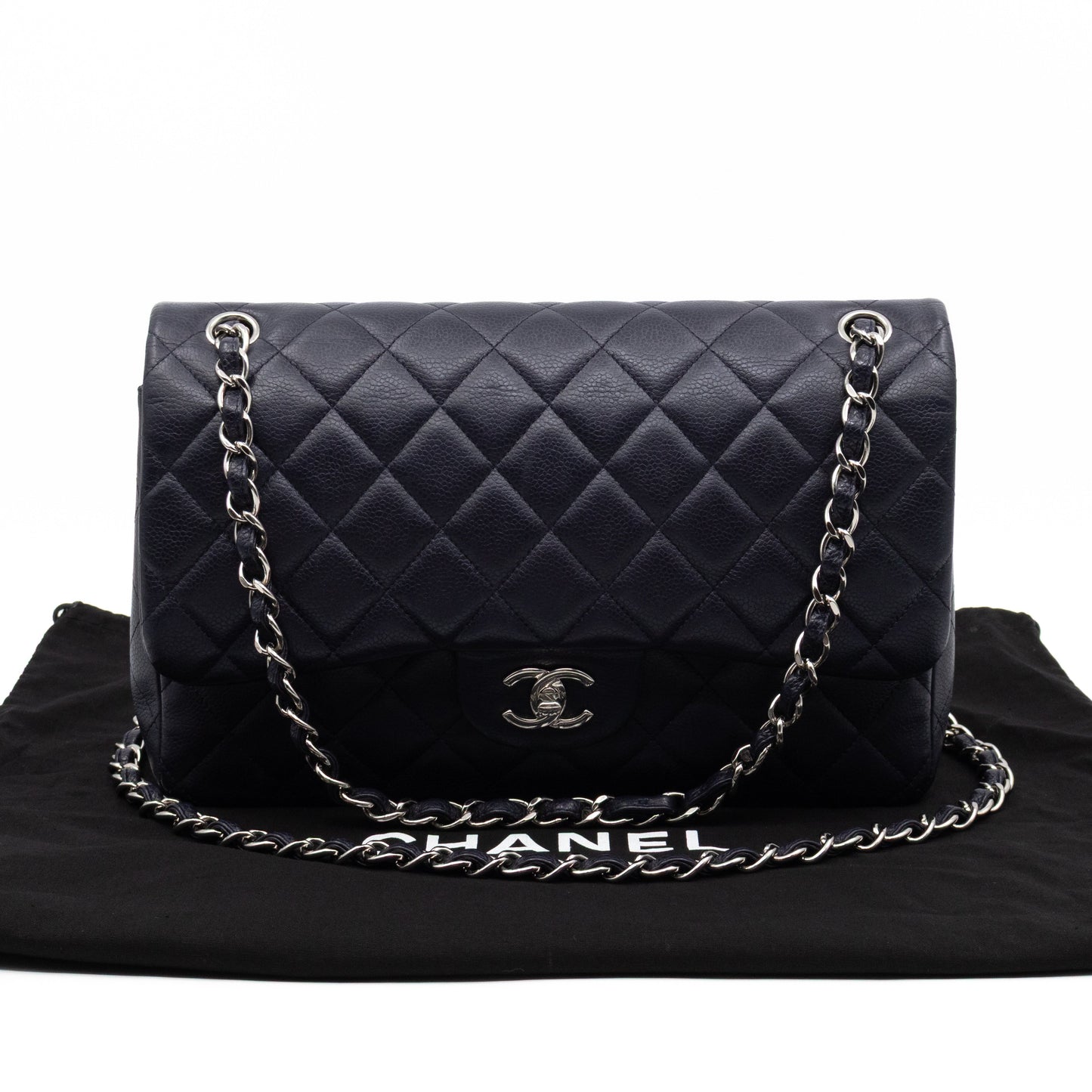 Chanel Classic Double Flap Jumbo Navy Soft Caviar Leather Silver
