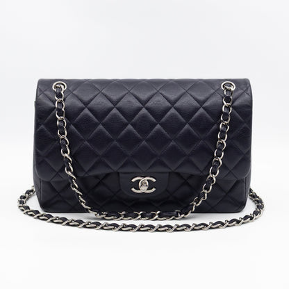 Chanel Classic Double Flap Jumbo Navy Soft Caviar Leather Silver