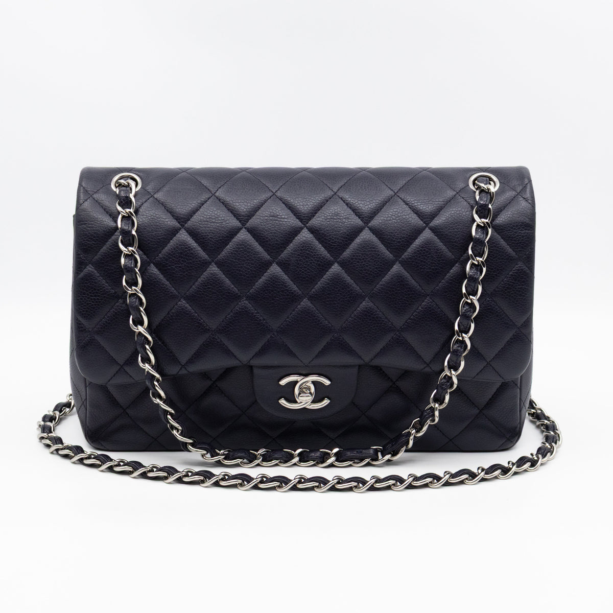 Classic Double Flap Jumbo Navy Soft Caviar Leather Silver