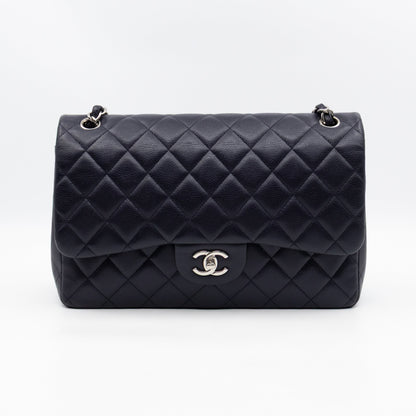 Chanel Classic Double Flap Jumbo Navy Soft Caviar Leather Silver