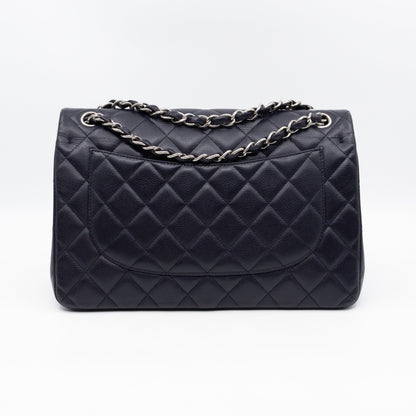 Chanel Classic Double Flap Jumbo Navy Soft Caviar Leather Silver
