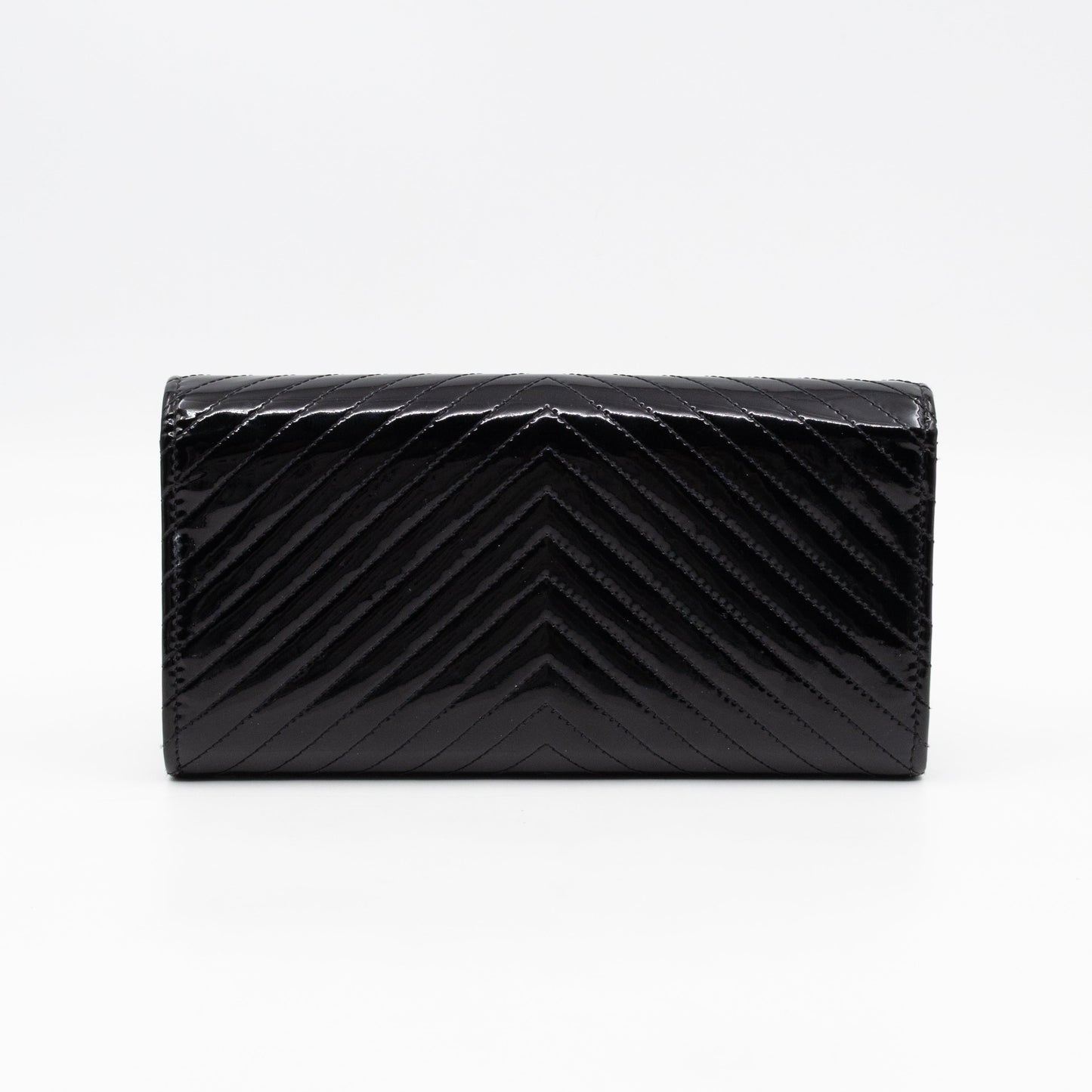 Gusset Long Flap Wallet Chevron Black Patent Leather