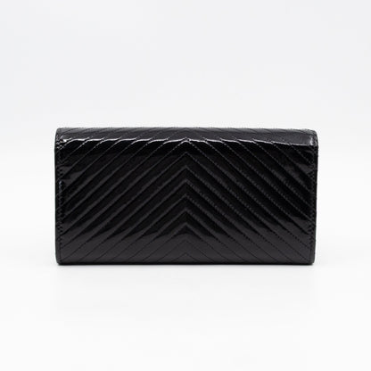 Gusset Long Flap Wallet Chevron Black Patent Leather
