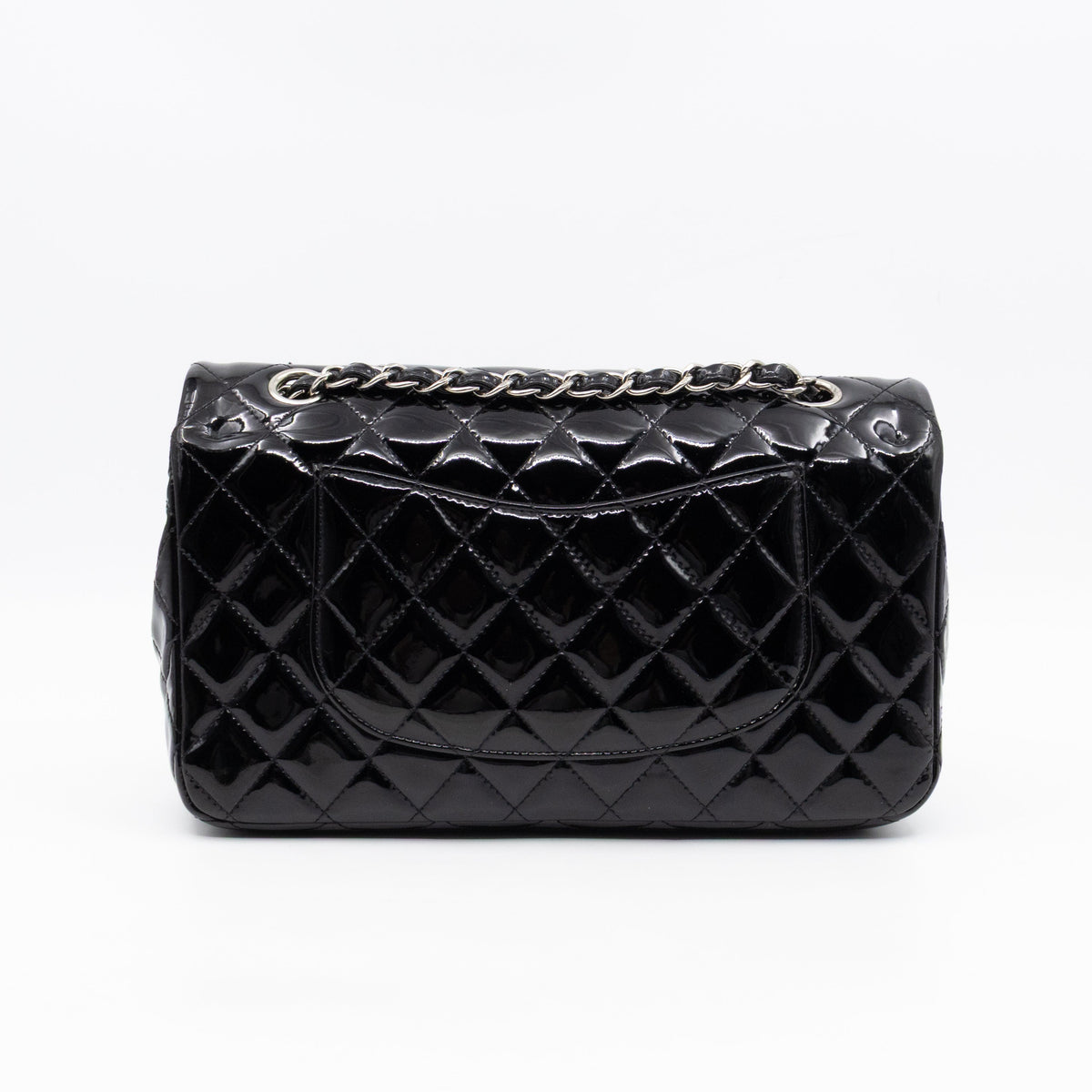Classic Double Flap Medium Black Patent Leather Silver
