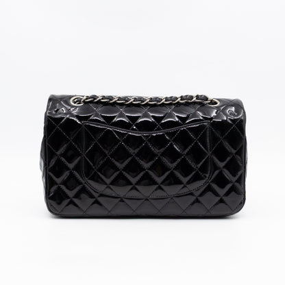 Classic Double Flap Medium Black Patent Leather Silver