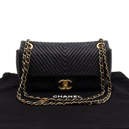 Medallion Charm Flap Bag Medium Black Chevron Leather