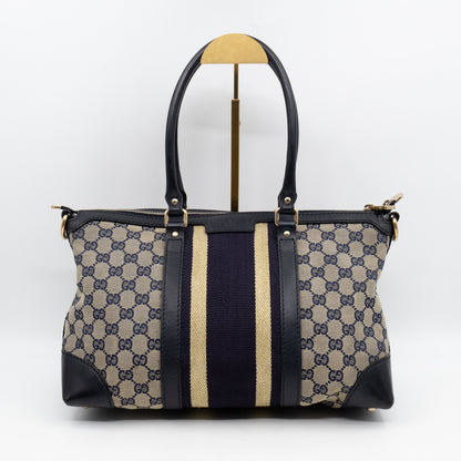 Web Tote Bag Medium GG Canvas Blue Leather