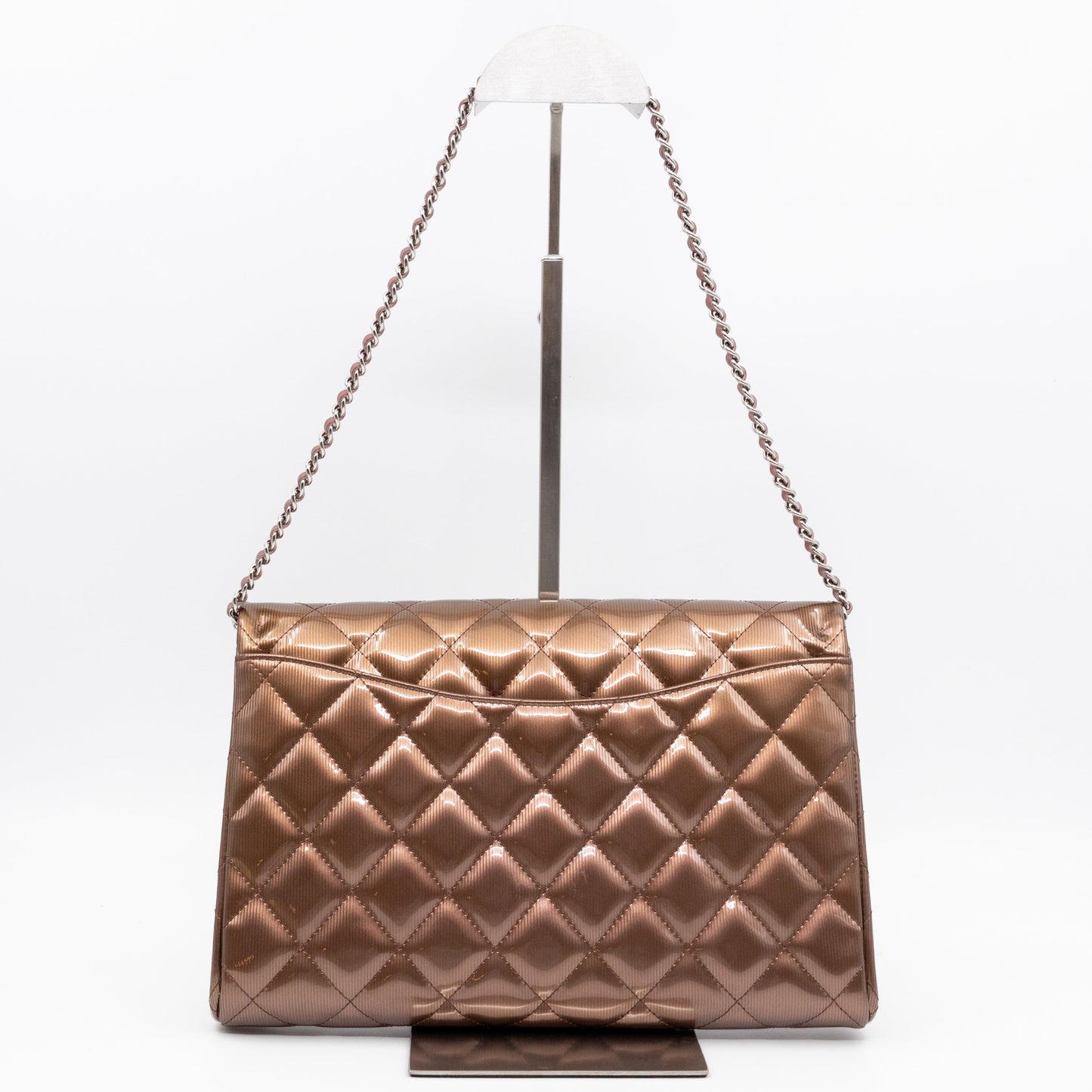 Timeless Clutch with Chain Bronze Striated Patent Leather