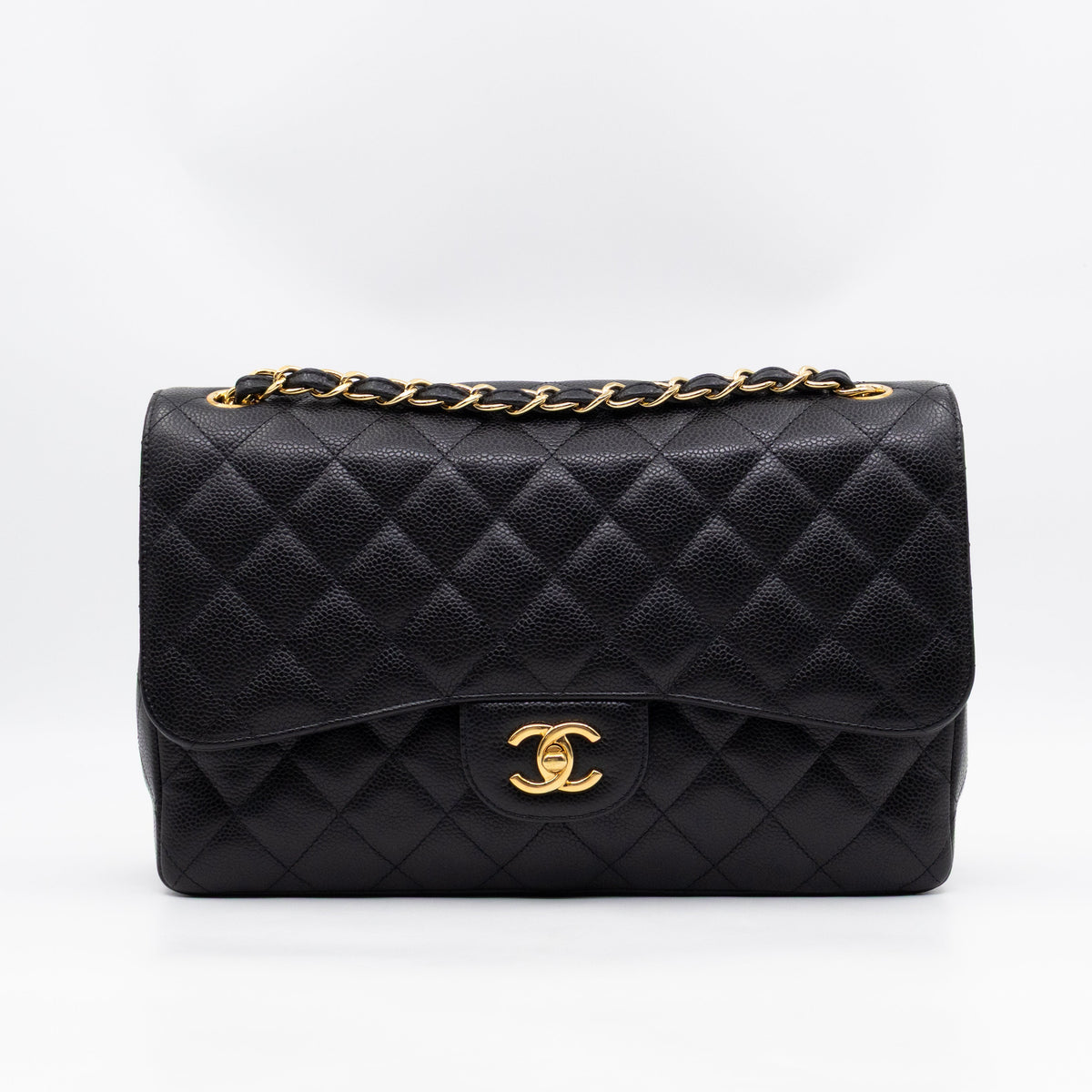 Classic Double Flap Jumbo Black Caviarskin Leather Gold