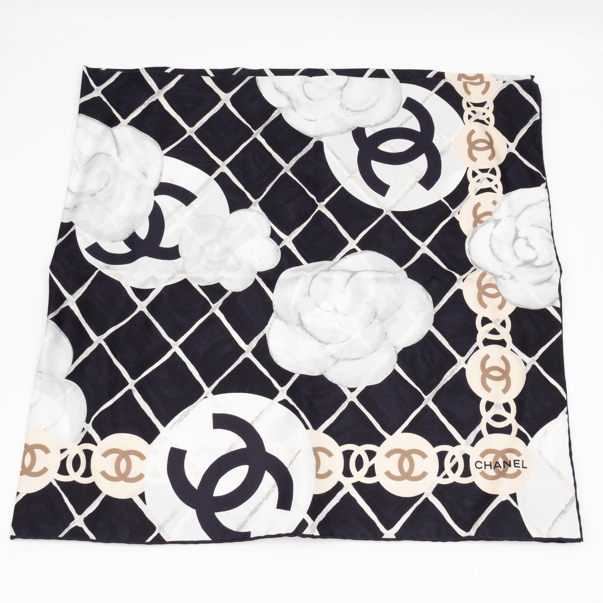 Camellia Silk Square Scarf Black & White 90 cm