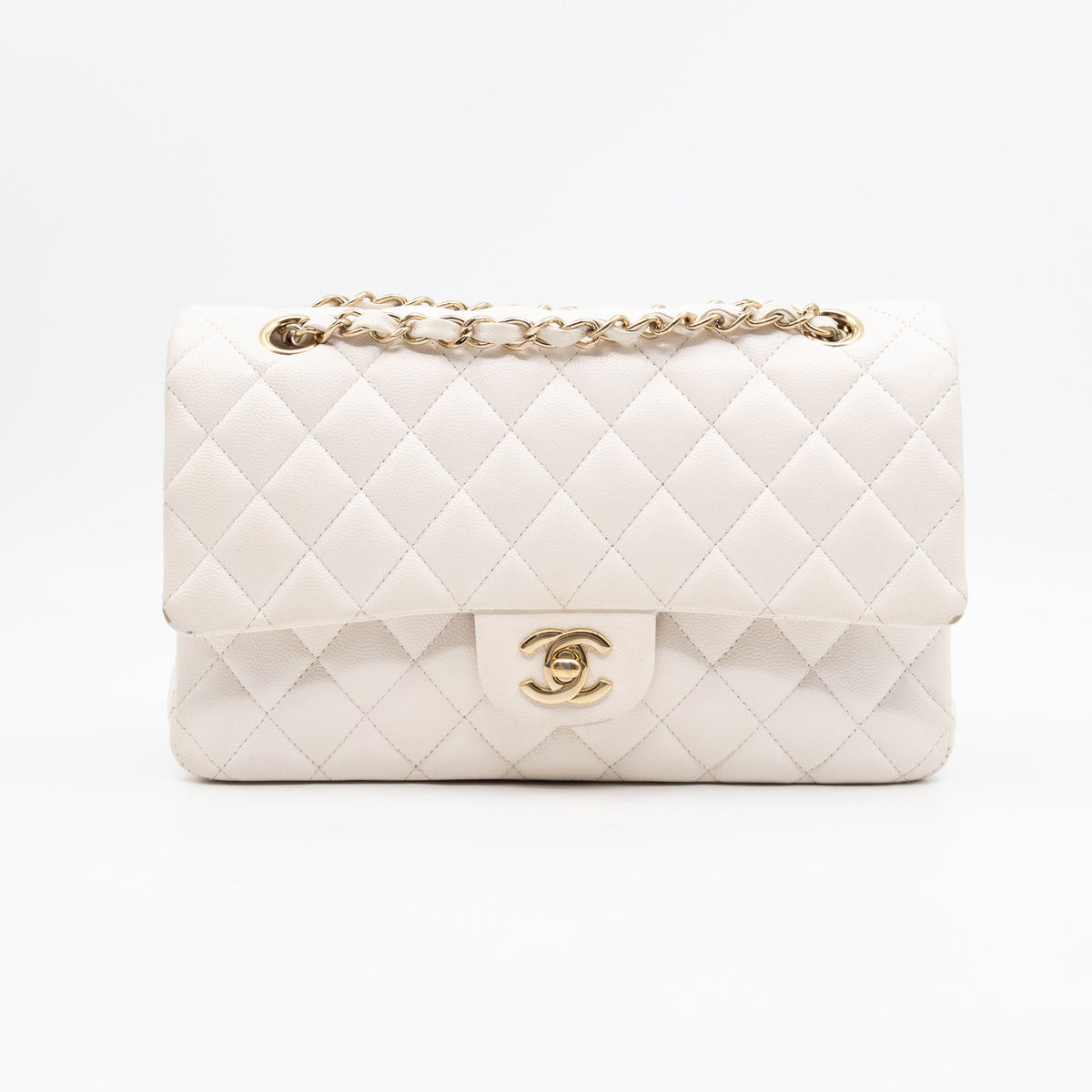 Classic Double Flap Medium White Caviar Leather Gold