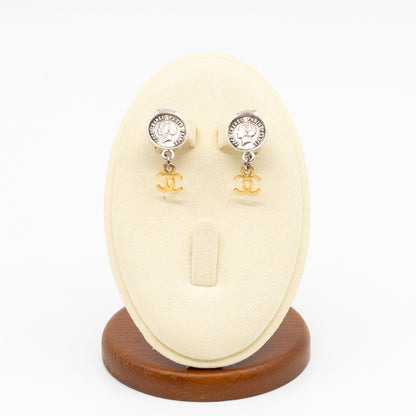 Coco Coin CC Dangle Clip-on Earrings Silver Gold